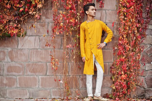 Homme élégant indien en vêtements traditionnels jaunes posés en plein air contre le mur de feuilles rouges