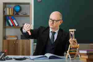 Photo gratuite homme enseignant portant des lunettes assis au bureau de l'école devant le tableau noir dans la salle de classe tenant un sablier expliquant la leçon montrant le pouce vers le bas mécontent