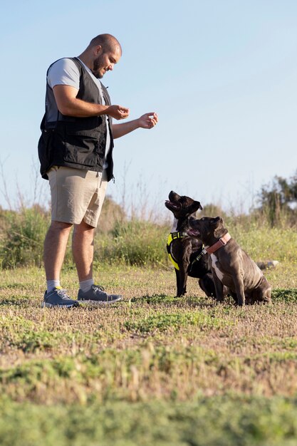 Homme entraînant ses deux chiens à l'extérieur