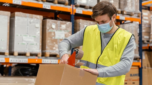 Homme en entrepôt travaillant avec des paquets