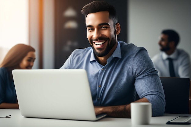 Un homme est assis à un bureau avec un ordinateur portable et sourit à la caméra.