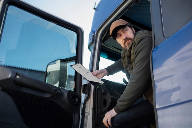 Homme à faible angle assis dans un camion