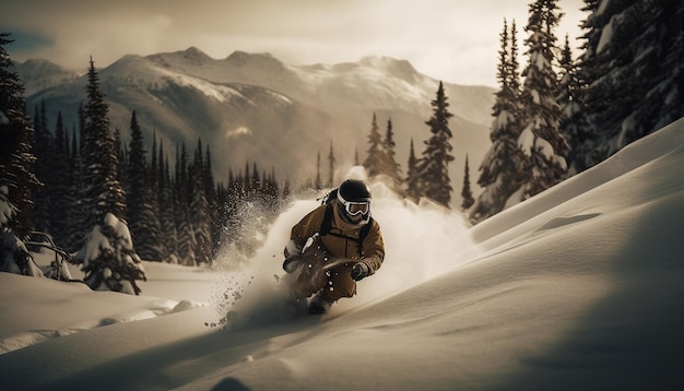 Homme faisant du snowboard en montagne dans un paysage d'hiver généré par l'IA