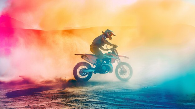 Un homme faisant de la moto de course dans un environnement fantastique