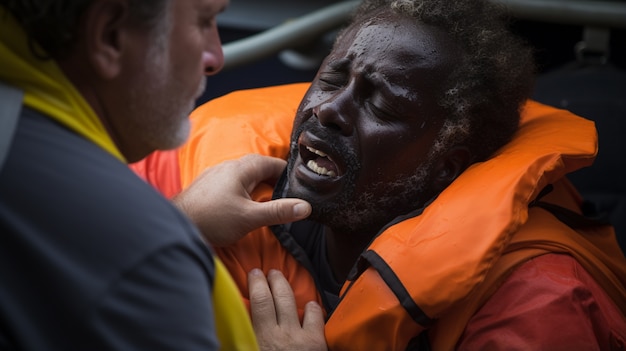 Photo gratuite homme fatigué sauvé d’une crise migratoire