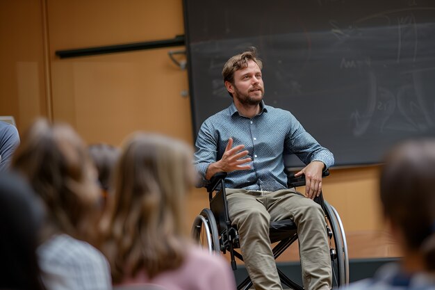 Un homme en fauteuil roulant au travail.