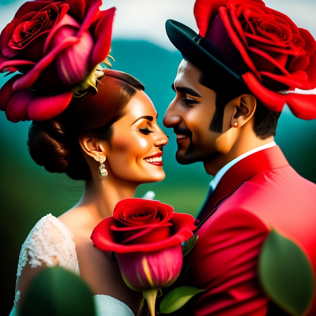 Photo gratuite un homme et une femme posent pour une photo avec des roses rouges sur la tête.