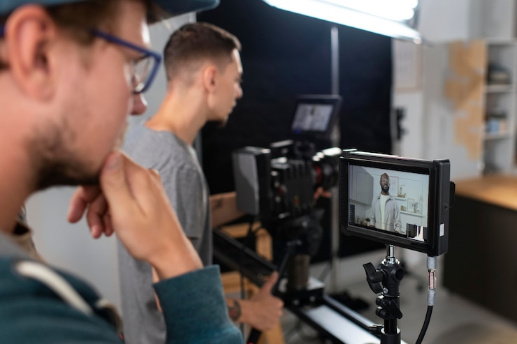 Photo gratuit homme filmant avec une caméra professionnelle pour un nouveau film