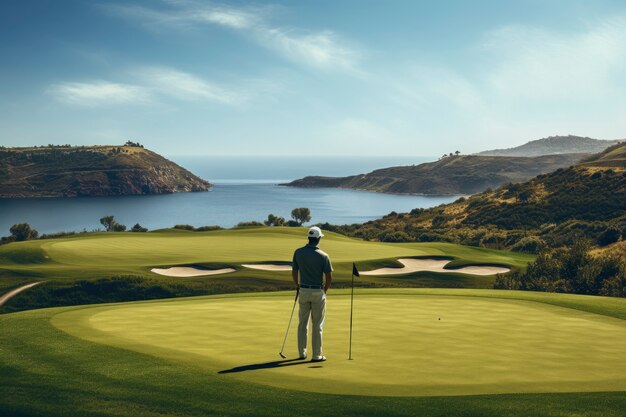 Un homme en forme joue au golf dans la nature.