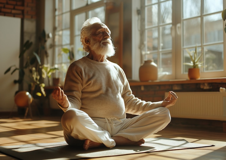 Un homme en forme pratiquant le yoga.