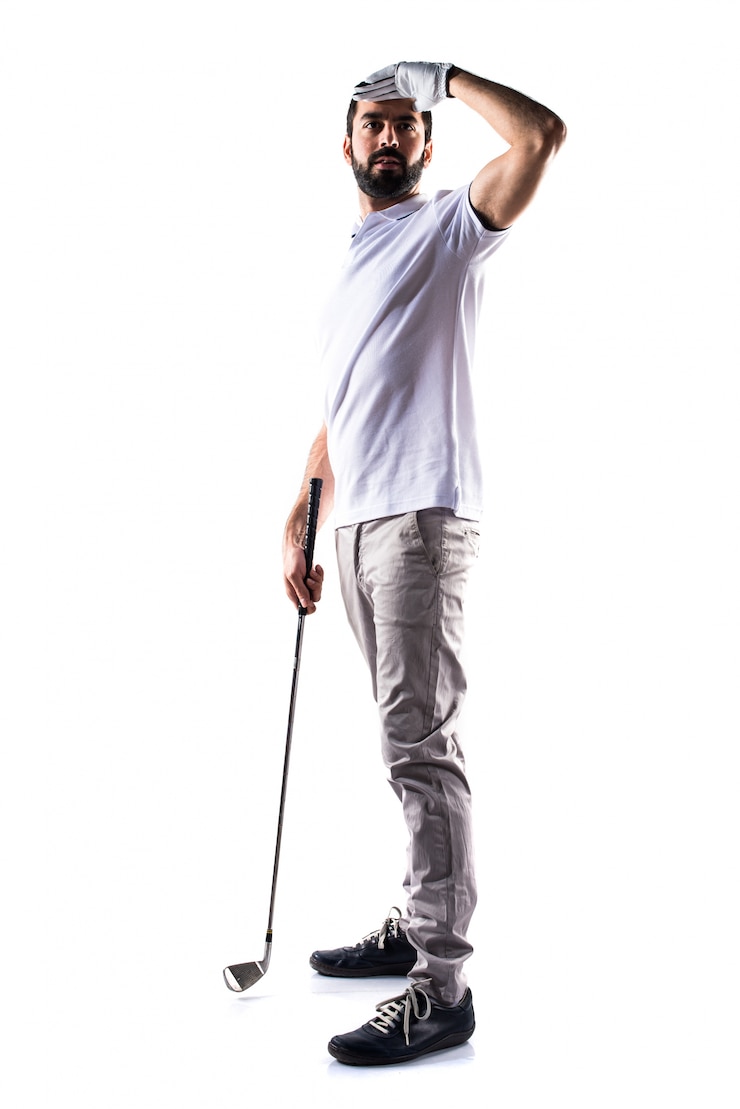 Photo gratuit homme de golfeur qui montre quelque chose