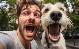 Photo gratuite homme joyeux avec un chien