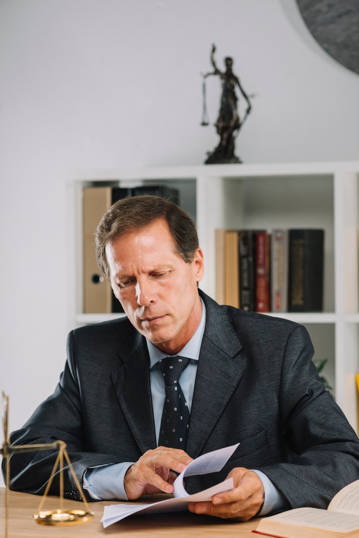 Photo gratuit homme juriste inspectant le contrat dans la salle d'audience