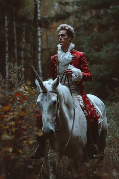 Photo gratuite un homme sur une licorne rêveuse dans la nature