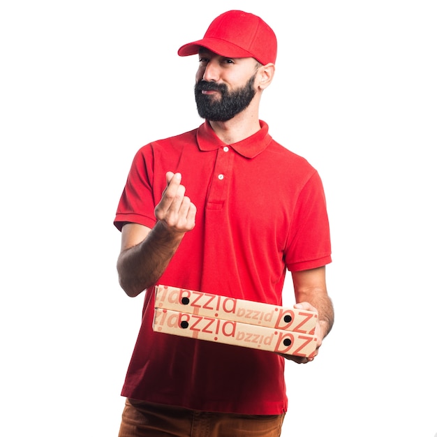 Homme de livraison de pizza faisant un geste d&#39;argent