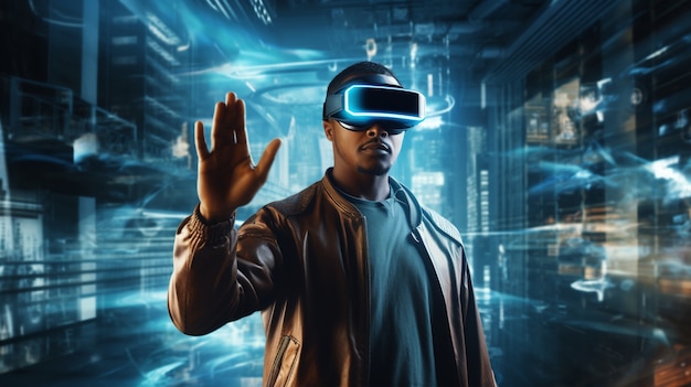 Homme avec des lunettes VR dans une ville futuriste