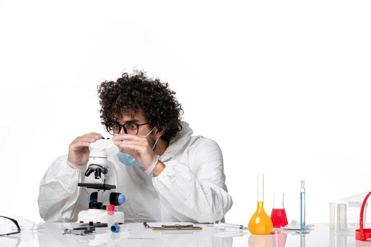 Photo gratuit homme médecin en tenue de protection et masque à l'aide d'un microscope sur blanc