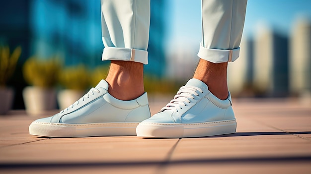 Photo gratuite un homme à la mode sort avec un pantalon bleu et des baskets blanches.