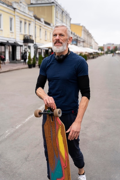 Photo gratuite homme mûr avec planche à roulettes de mobilité durable