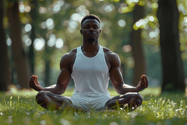 Un homme noir en train de pratiquer le yoga.