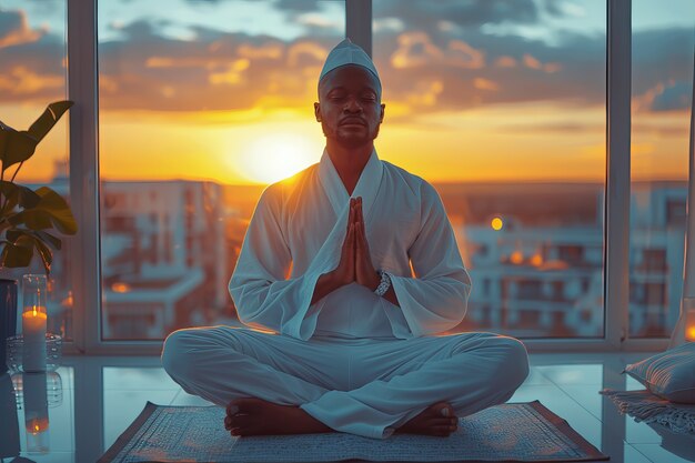 Un homme noir en train de pratiquer le yoga.