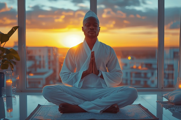 Un homme noir en train de pratiquer le yoga.