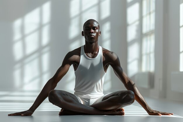 Un homme noir en train de pratiquer le yoga.