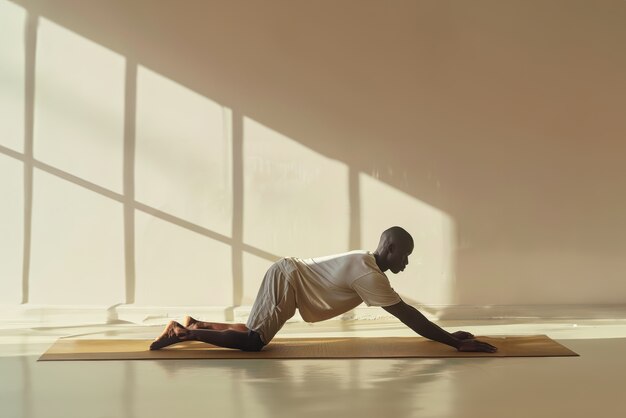 Un homme noir en train de pratiquer le yoga.