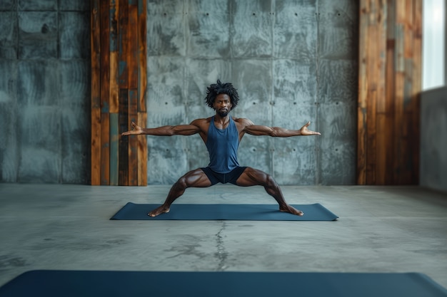 Un homme noir en train de pratiquer le yoga.