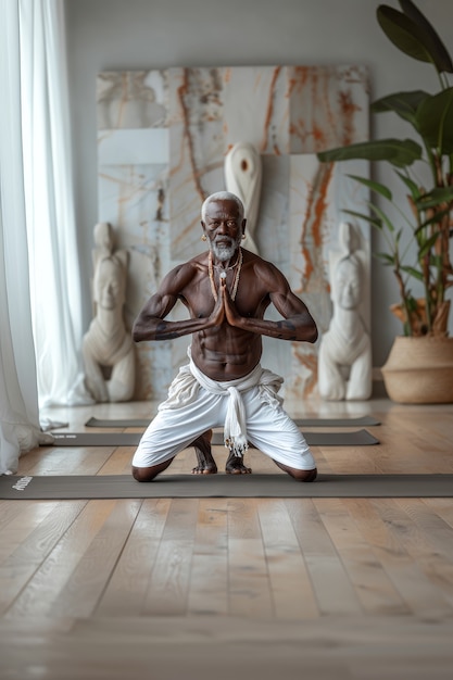 Photo gratuite un homme noir en train de pratiquer le yoga.