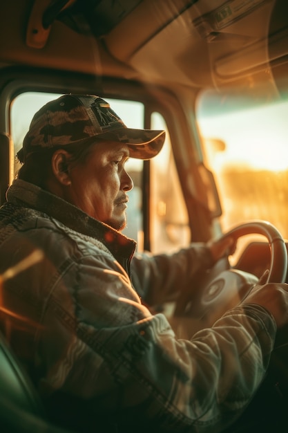 Photo gratuite un homme photoréaliste au volant d'un camion