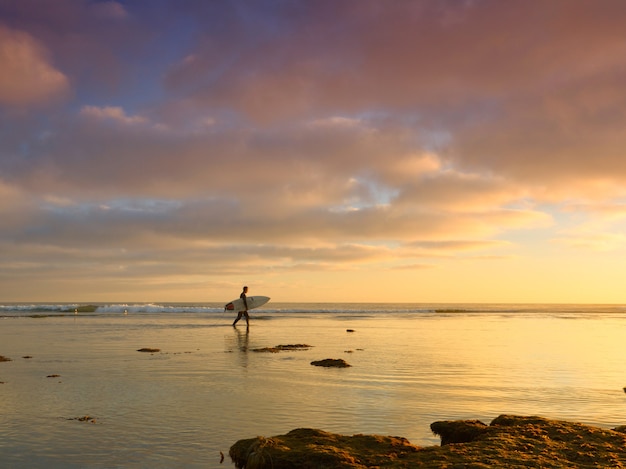 Homme avec planche de surf dans une mer avec un beau coucher de soleil