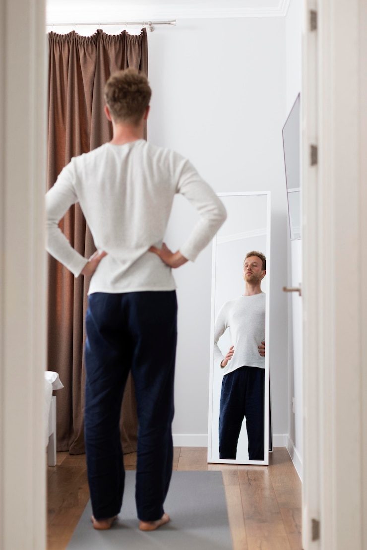 Photo gratuit homme plein coup regardant dans un miroir