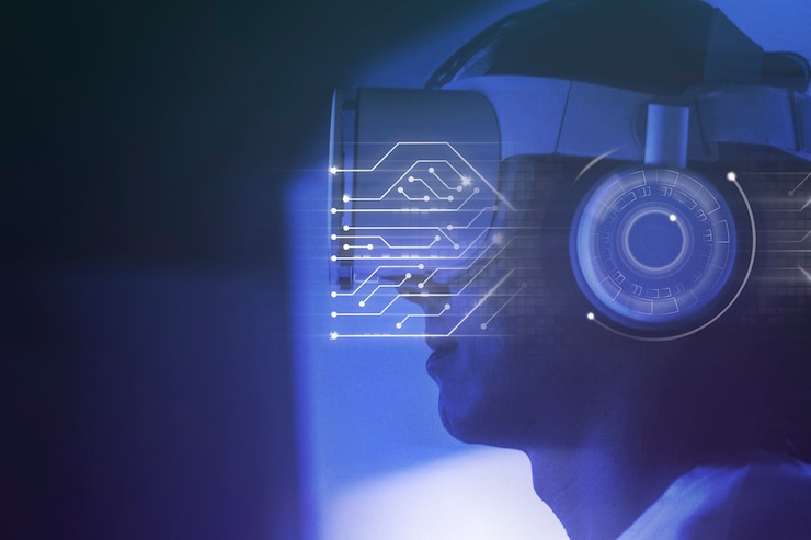 Photo gratuit homme portant la technologie intelligente du casque vr