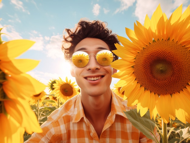 Un homme posant avec du tournesol