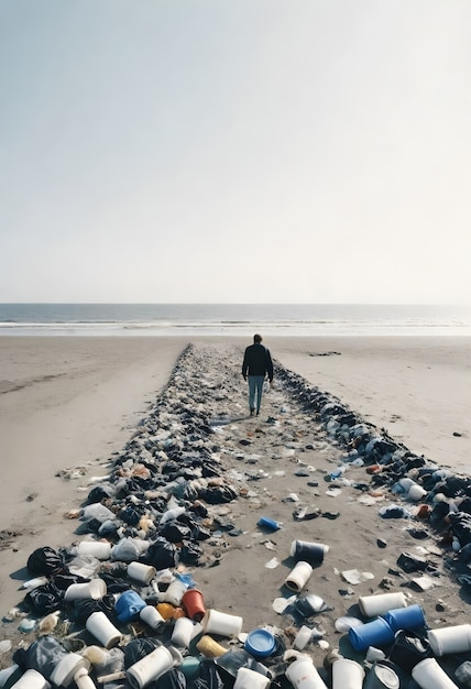 Un homme qui marche dans les ordures sur la plage.