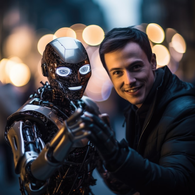 Photo gratuite un homme qui traîne avec un robot.