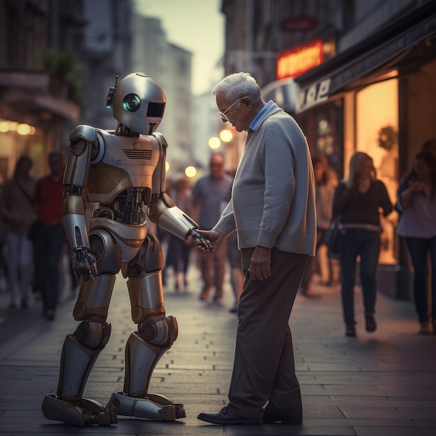 Photo gratuite un homme qui traîne avec un robot.