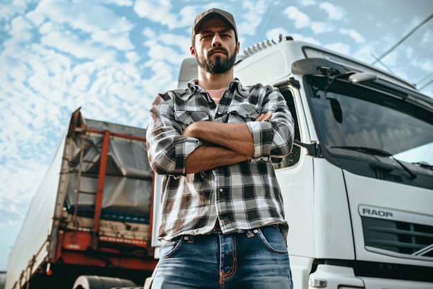 Photo gratuite un homme qui travaille comme chauffeur de camion se fait passer pour