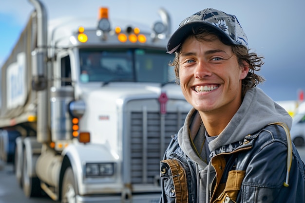 Photo gratuite un homme qui travaille comme chauffeur de camion.