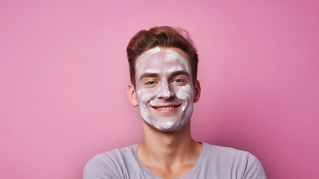 Un homme qui utilise un produit de beauté rose sur son visage.