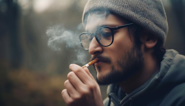 Photo gratuite homme de race blanche à lunettes de soleil fumant du tabac à l'extérieur généré par l'ia