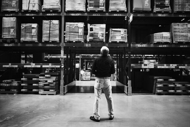 Un homme de race blanche vérifie l'inventaire des stocks