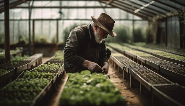 Un homme récoltant des légumes frais dans une serre générée par l'IA
