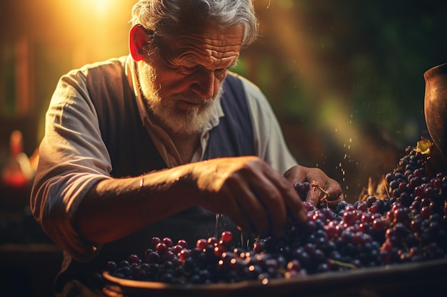 Photo gratuite un homme récolte les raisins, une saison de récolte, un fermier travaille.