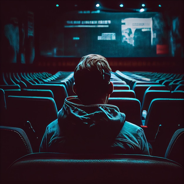 Photo gratuite homme regardant un film dans des sièges de théâtre spectacle ia générative