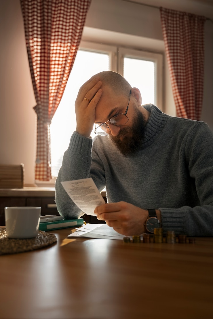Photo gratuit homme regardant le projet de loi pendant la crise de l'énergie