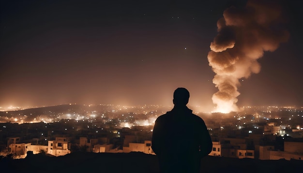 Photo gratuite un homme regardant la ville la nuit avec de la fumée d'une cheminée