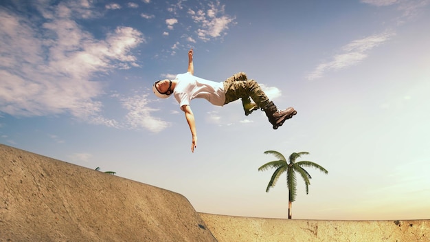 Photo gratuite l'homme rollerskater exécute des tours dans le skatepark au coucher du soleil