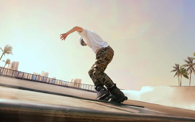 L'homme Rollerskater exécute des tours